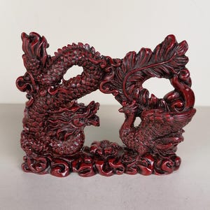 cherry color Handcrafted Resin Figurine of Chinese Snake Dragon Vintage Sculpture of Dragon and Hen Snake Fantasy Art Statue Feng Shui