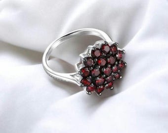 Granat Blüte Sterling Silber Ring - Floral Cluster Design