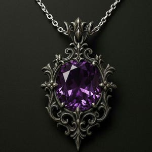 May include: A silver pendant necklace with a large, oval, deep purple gemstone. The gemstone is set in an ornate, filigree frame with intricate scrollwork and floral details. The necklace hangs on a delicate chain.