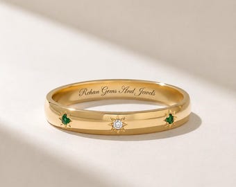 Alianza de boda de oro macizo de 14 quilates con esmeralda - Anillo celestial con estrella de diamantes