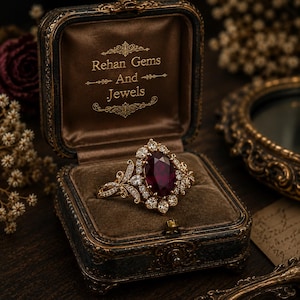 Peut inclure: Une bague en or avec une grande pierre précieuse rouge foncé de taille ovale entourée d'un halo de petites pierres claires, placée dans un écrin doublé de velours marron avec le texte Rehan Gems And Jewels imprimé en doré sur le couvercle.