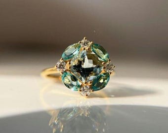 アクアマリン スターライト クラスター リング、14K ゴールド、トパーズ、ダイヤモンド ハロー