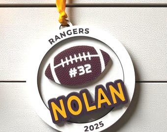 Personalized Football Ornament – Engraved Name, Team, School – Wood Ornament