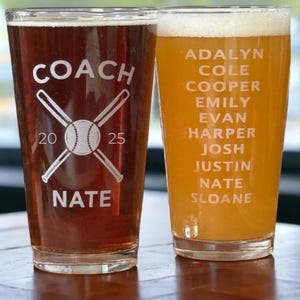 Custom Baseball Coach Pint Glass  - Double Sided Baseball Coaches Gift from Team - Custom Softball Coach Gift - Baseball End of Season