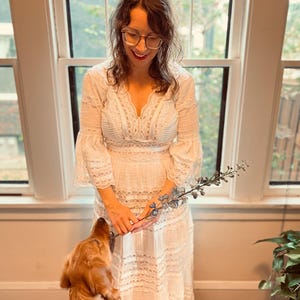 Vintage 1970s sheer lace & ribbon wedding gown
