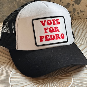 May include: A black and white trucker hat with a red and white patch that says "VOTE FOR PEDRO".