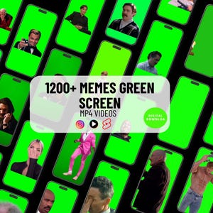 Può includere: Una collezione di smartphone con schermi verdi, ognuno dei quali mostra una persona diversa. L'immagine presenta il testo "1200+ Memes Green Screen MP4 Videos" e icone di social media. Lo sfondo è nero.