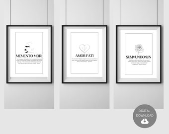 May include: Three black framed prints with white backgrounds and black line drawings. The first print says "Memento Mori" with a skull and crossbones image. The second print says "Amor Fati" with a heart image. The third print says "Summun Bonum" with a rose image. Each print has a quote underneath the image.
