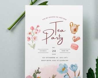 Blumen Tee Party Einladung Canva Vorlage Wildblumen Braut Brunch Mädchen Geburtstag Brautparty Pink Blau Minimalist