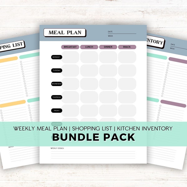 Weekly Meal Plan Bundle, Organize Your Meals, Printable Weekly Menu, Grocery List, Instant Download, Pantry Organization, Meal Prep