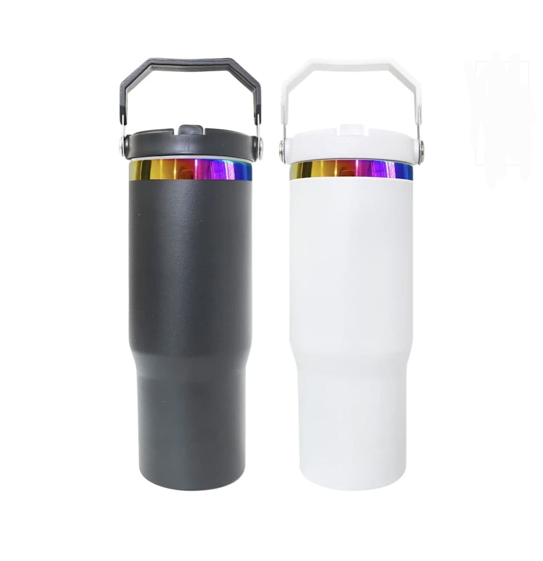Custom laser engraved rainbow chrome 30oz flip straw cups