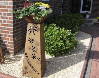 Columna cónica de óxido Jabo Design + cuenco RS80+S11 "Texto personalizado con enredadera floral bajo un sol de acero inoxidable" Decoración de columna estilo Corten