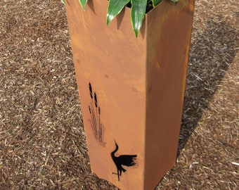 Soporte para plantas de metal oxidado Jabo Design RS89. Motivo: "Cañas y garzas". Columnas de jardín. Columnas decorativas. Flores. Antorcha de óxido. Aspecto Corten.