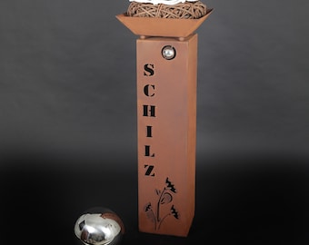 Columna + Cuenco Jabo Design Rust RS64+S03 "Flor con texto personalizado y bola de acero inoxidable" 100x25x25cm Columna individual para jardín con flores estilo Corten