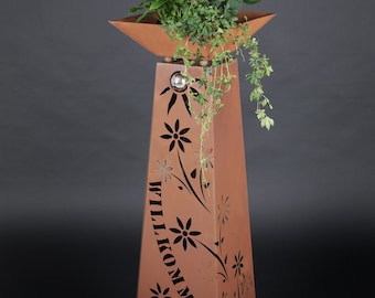 RS77+S11 "Bienvenido" con enredadera floral y columna de acero inoxidable con efecto óxido, decoración de jardín, estela para entrada de casa, terraza, regalo Jabo-Design
