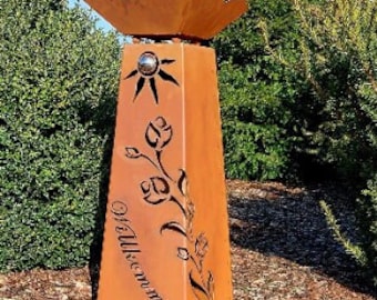 Columna + Cuenco Jabo Design Rust RS107+S11_B "Tulipán con Bienvenida" Columna Cónica 80 cm Altura Columnas de Jardín Columnas Decorativas Estilo Corten