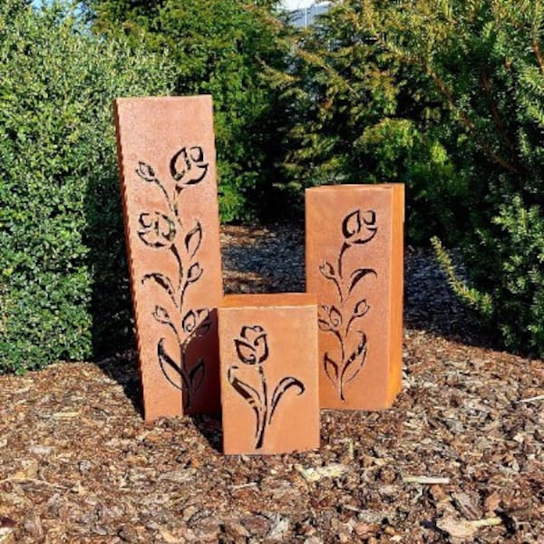 Jabo Design Deko-Rostsäulen 3er-Set RS06 "Tulpen" Säule Gartensäulen Säule Fackelsäule Deko Rostdekoration Gartendekoration