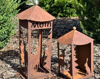 Farol de metal oxidado con escena de bosque | Farol de metal | Ciervos y bosque | Decoración de jardín | Decoración oxidada | Regalo Jabo-Design Corten Look