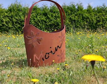 Maceta decorativa de metal oxidado "Flores 3D" TA04 MOIN o TA04 MOIN_small, decoración de jardín de metal oxidado, objeto de metal oxidado, aspecto de acero Corten.