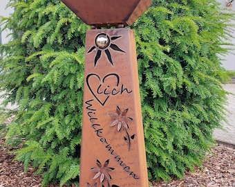 Columna RS100+S11 de acero Corten con macetero | Motivo de corazón "Bienvenido" | Enredadera floral y sol de acero inoxidable | Diseño Jabo-Design con aspecto de acero Corten