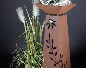 Columna de óxido + cuenco RS72+S11 "Zarcillo de hoja bajo el sol de acero inoxidable" Columna cónica Columnas de jardín Columnas decorativas Aspecto Corten Jabo-Design