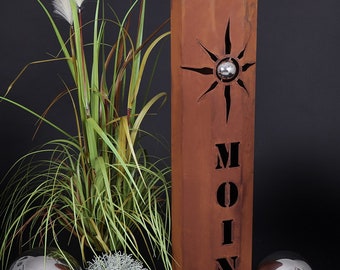 Columna octogonal de óxido Jabo Design RS105 "MOIN" con bola de acero inoxidable, columna de jardín, antorcha de jardín, columna decorativa, flor, antorcha de óxido, aspecto Corten