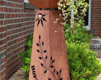 Columna cónica de óxido Jabo Design + cuenco RS73+S11 "Texto personalizado con zarcillo de hojas bajo el sol de acero inoxidable" Decoración de columna de jardín estilo Corten