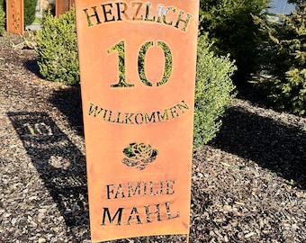 Jabo-Design Rost Gartenschild GA06 "Familie" + Name mit "Willkommen" Rose und Hausnummer Rostschild Garten Schild Gartendeko