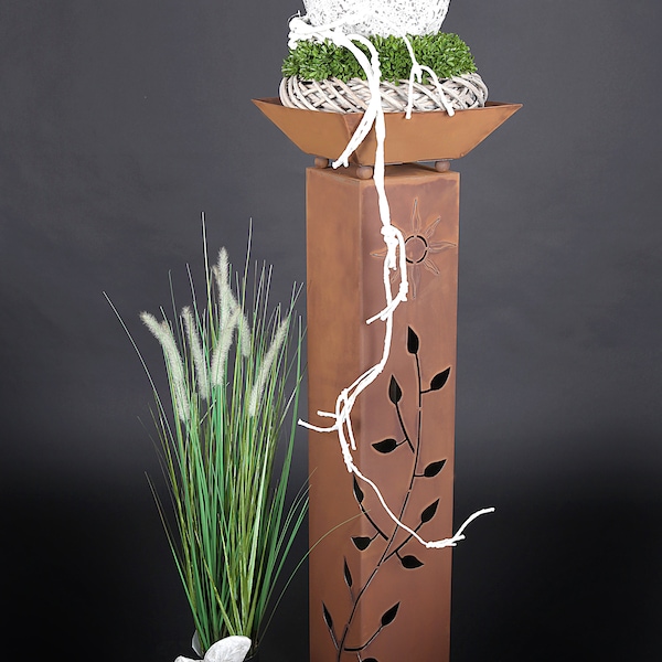 Jabo Design Rost Säule + Schale R69+S01 "Blätterranke unter Sonne" 100x20x20 cm Fackelsäule Gartensäulen Blumen Rostfackel