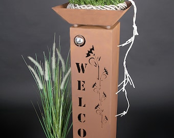 Jabo Design Edelrost XL Columna + Cuenco RS60+S03 BIENVENIDO + Columna Floral Vine Columnas de Jardín Columnas Decorativas Flores Antorcha Óxido Corten Look