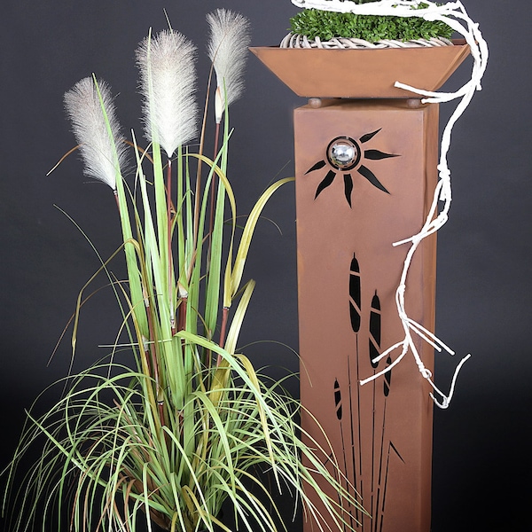 Jabo Design Edelrost XL Säule + Schale RS61+S03 "Schilf unter der Sonne" Säule Gartensäulen Säulen Deko Blumen Rostfackel