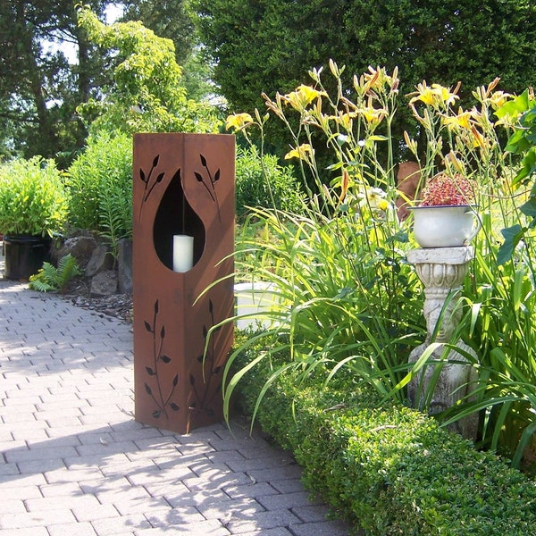 Jabo Design Edelrost Fackelsäule + Schale RS74+S03 "Blätterranke am Feuer" Säule Gartensäulen Rostsäule Rostfackel Säulen