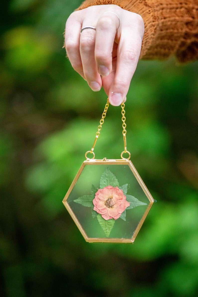 Gold Hexagon Floting Glass Frame With Dried Pressed Flowers Etsy