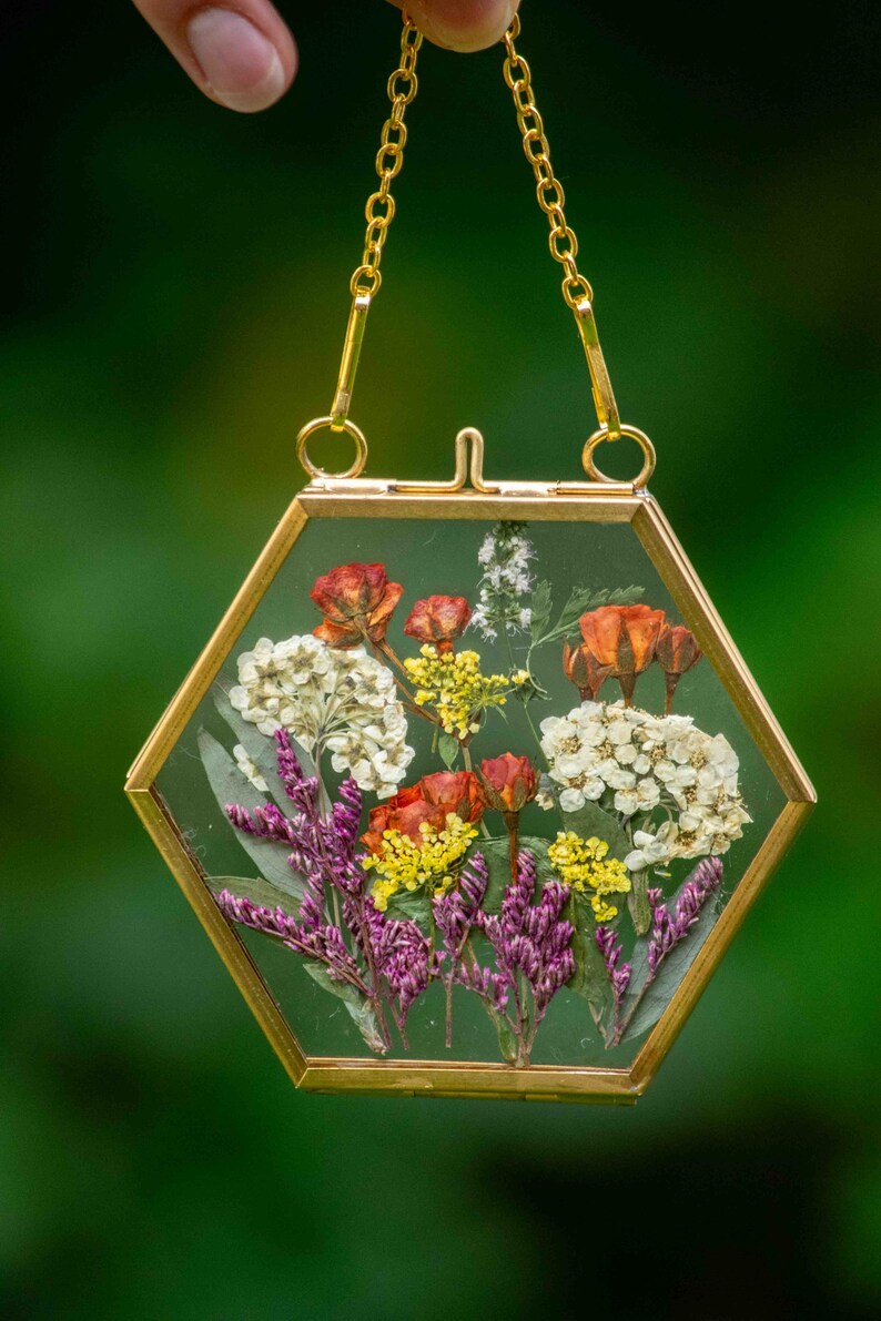 Gold Hexagon Floting Glass Frame With Dried Pressed Flowers Etsy
