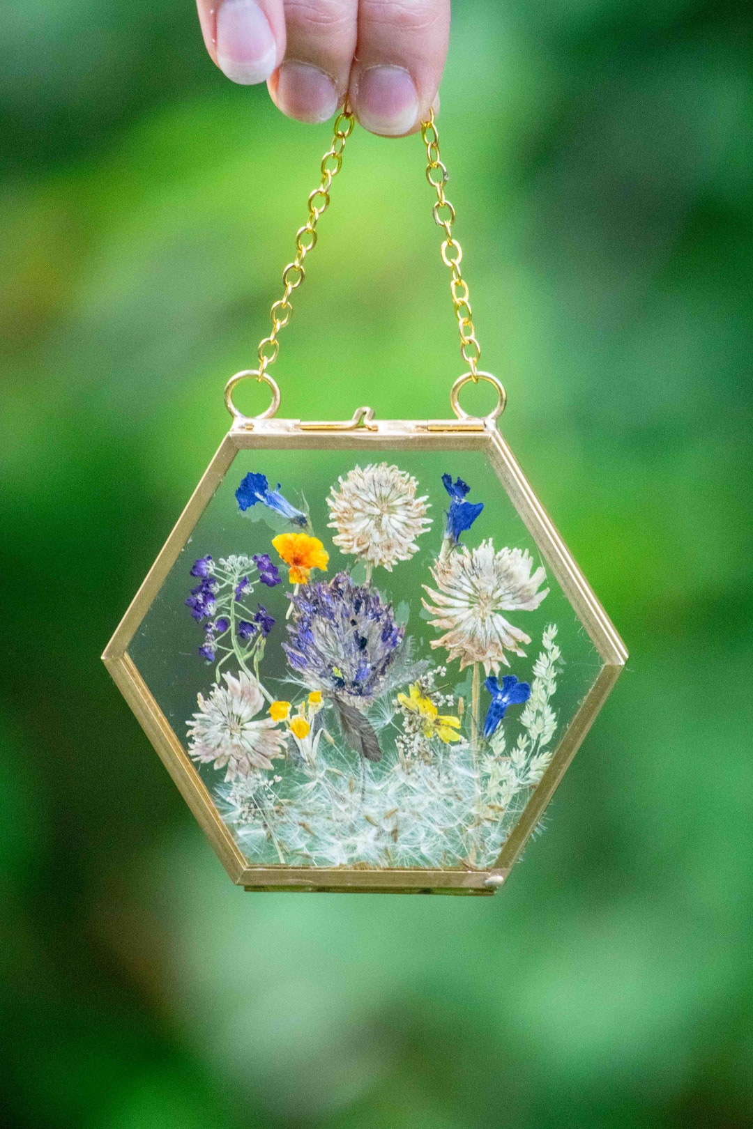 Gold Hexagon Floting Glass Frame With Dried Pressed Flowers Etsy