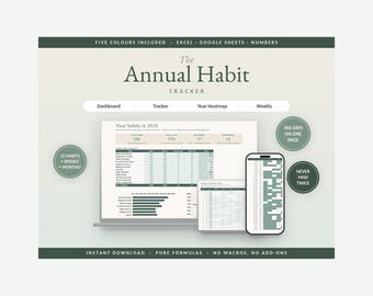 May include: The Annual Habit Tracker digital template for Excel, Google Sheets, and Numbers. Features a dashboard, tracker, year heatmap, and weekly view. Includes 12 habits, monthly and weekly tracking, 366 days on one page, and pure formulas.