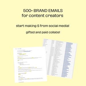 May include: A document with the text "500+ BRAND EMAILS for content creators start making $ from social media! gifted and paid collabs!" and a list of email addresses.