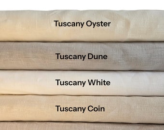 Puede incluir: Cinco muestras de tela en diferentes tonos de beige y blanco, etiquetadas como "Tuscany Oyster", "Tuscany Dune", "Tuscany White", "Tuscany Coin" y "Tuscany Gleam".