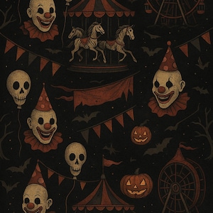 Exclusive Plush Velvet Haunted Carnival Halloween Print – Creepy Clowns, Ferris Wheel & Carousel Horses – Gothic Spooky Seamless Design