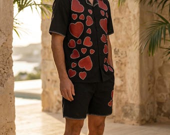 Black Cotton Heart Embroidered Shirt & Shorts Set – Resort Summer Co-ord Outfit