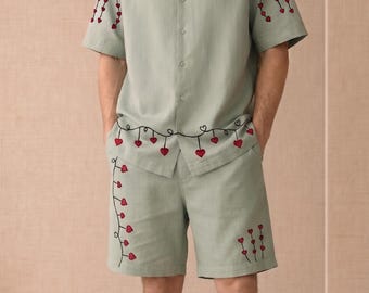 Sage Green Linen Heart Embroidery Shirt Shorts Set, Cuban Collar Resort Wear