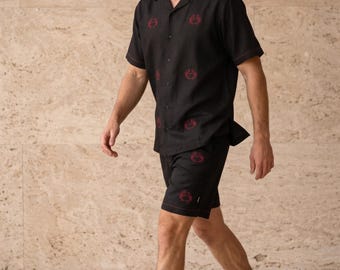 Black Linen Co-ord Set: Embroidered Crab Cuban Collar Shirt and Shorts