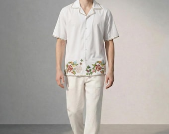 Camisa de algodón hecha a mano personalizada para hombre – Cuello cubano con bordado floral, regalo para él