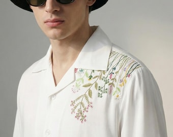 Camisa botánica bordada personalizada, cuello cubano floral personalizado, modal de flores silvestres.
