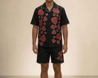 Mens Black Cotton Cuban Collar Shirt, Heart Embroidery, Resort Wear Summer Top