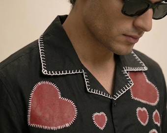Men's Black Heart Embroidered Cotton Resort Set, Cuban Collar Shirt and Pants