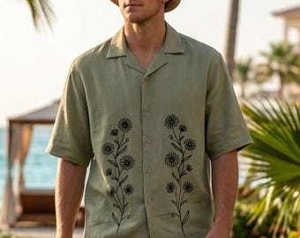 Hand Embroidered Umbrella Cuban Collar Cotton Shirt | Summer Resort