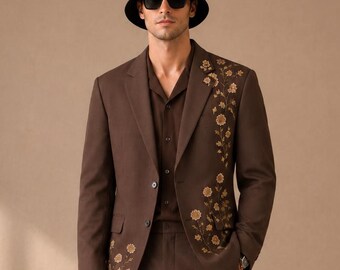 Brown Embroidered Men's Suit, TR Viscose 2-Piece Floral Thread Work Occasionwear