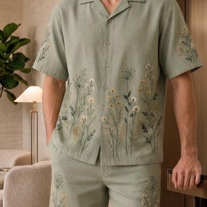 Sage Green Linen Cotton Floral Embroidered Cuban Collar Shirt, Resort Wear Summer Beach Top