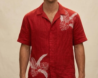 Red Linen Cuban Collar Shirt, Hand-Embroidered Leaf Detail, Resort Vacation Wear
